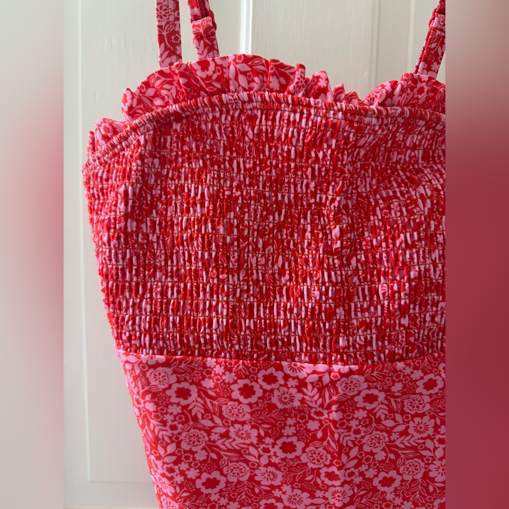 NWT DM Fashion Smocked One Piece Women's Swimsuit - Marigold Cherry Red - SMALL - Picture 9 of 10